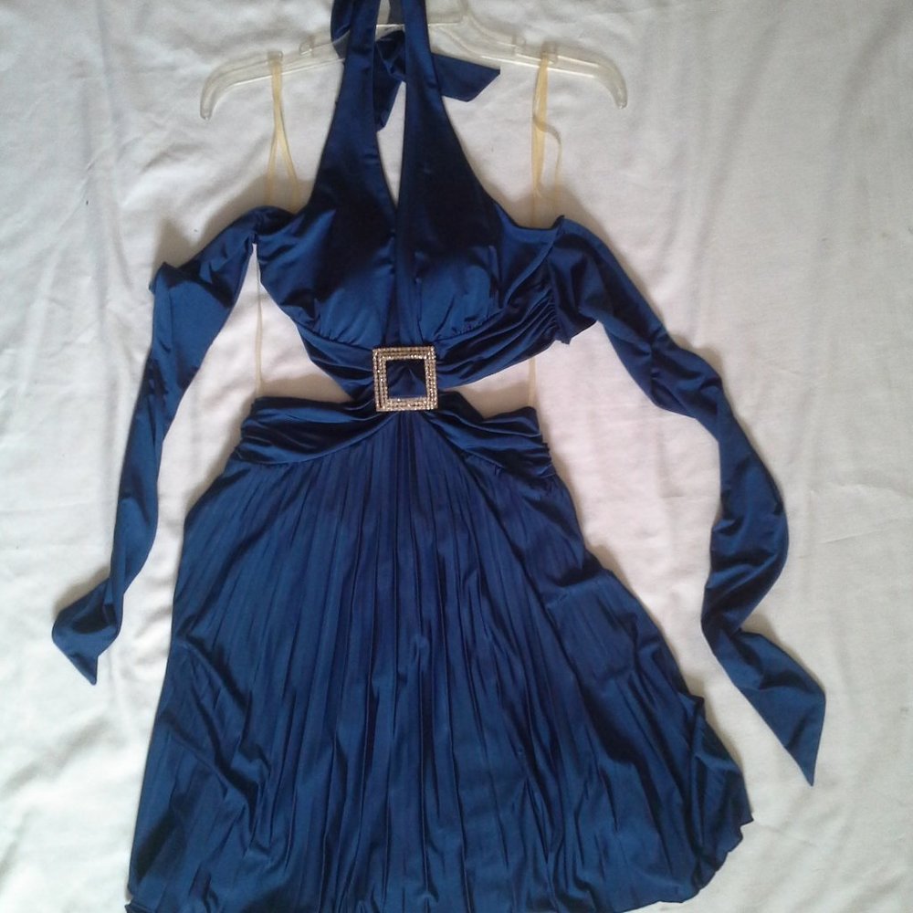 Junior's Blue Prom Dress - Rhinestone Buckle - Cutout Sides and Back